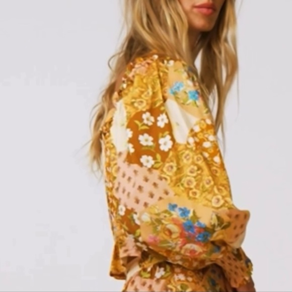 Spell x Free People Freda Shirred XS Yellow Organic Cotton Patchwork Smocked Top - Picture 14 of 16